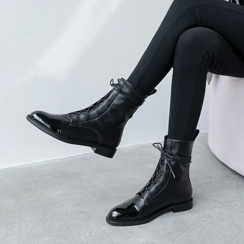 British Style Soft Leather Flat Short Boots for Ladies