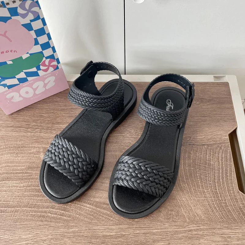 Ladies Summer Open-Toed Straw Woven Flat Sandals