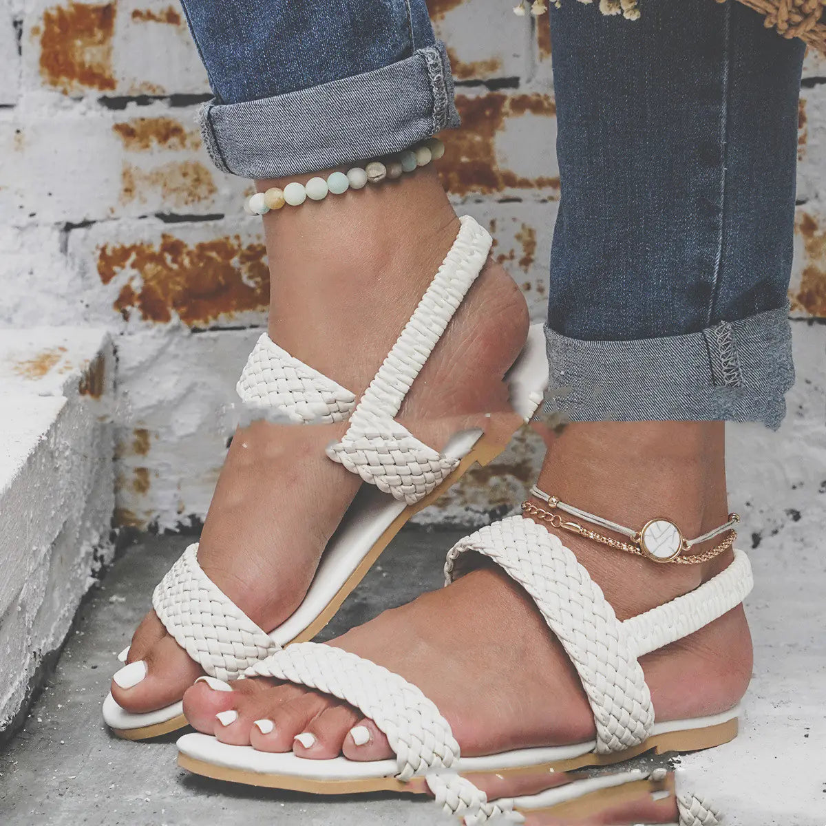 Ladies Summer Open-Toed Straw Woven Flat Sandals