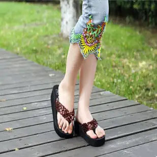 Korean Ladies Sequined Flip Flops for Summer Beach