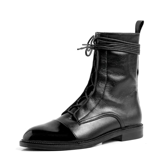 British Style Soft Leather Flat Short Boots for Ladies