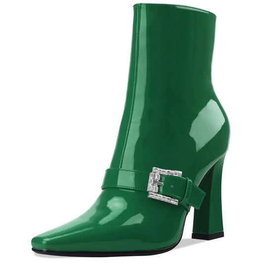 Perisis Ankle Boots Chunky High Heel Green Booties Closed Square Toe Short Boot with Side Zipper 4 Inches Heel Patent Leather for Women Ladies Sexy (Green10.5)