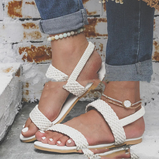 Ladies Summer Open-Toed Straw Woven Flat Sandals